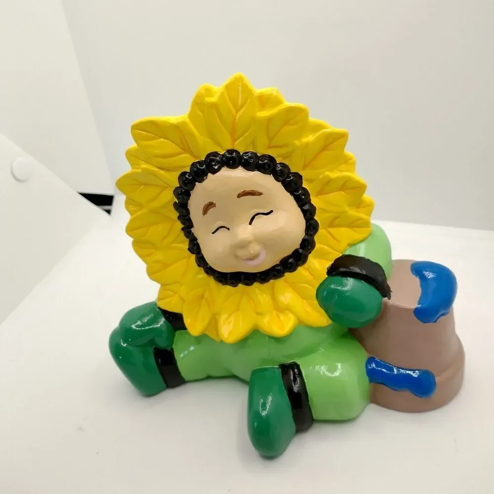 Hand Crafted Sun Flower Baby Figurine Green Flower Pot 5 inch Vintage Ceramic